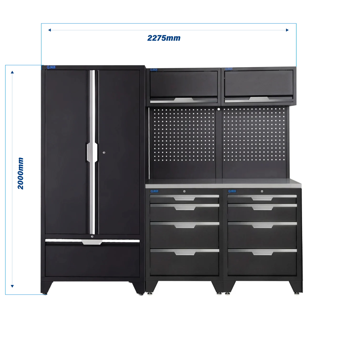 SGS 7pc Modular Garage Storage | 8 Drawers | Stainless Steel Worktop | 2x Upper Cabinets | Tall Double Cabinet with Drawer | Pegboard with Power Strip